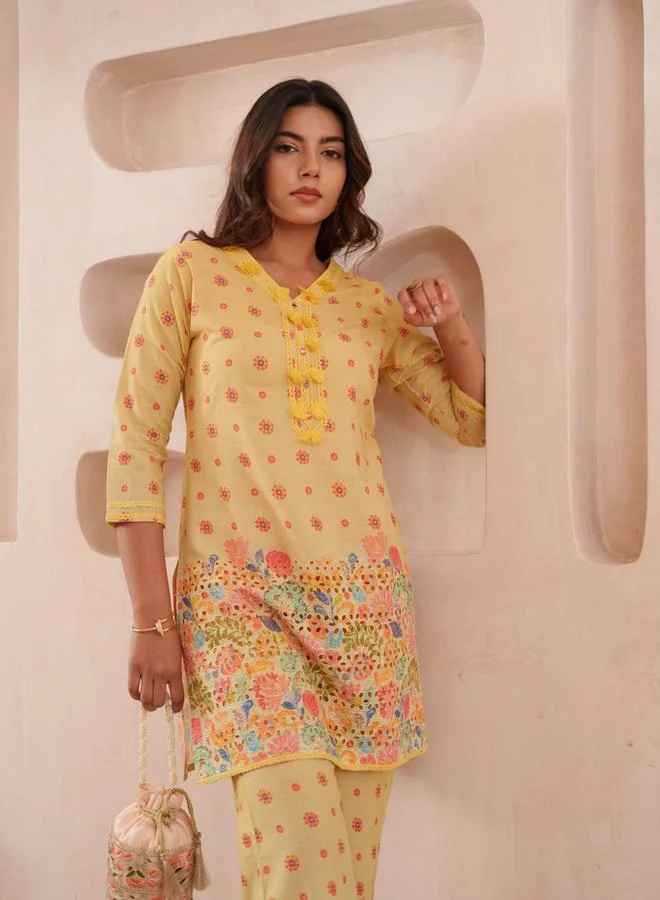 دي دبليو طقم منسق من تونيك وبنطال قطن بطبعة زهور للنساء